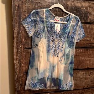 Johnny Was  Biya Mesh Blue and White Blouse with embroidery . NWT